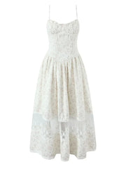 White Floral Milkmaid Cami Lace Mesh Hem Midi Dress