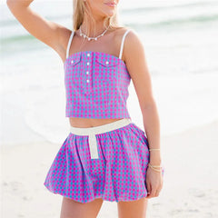 Gingham Spaghetti Strap Crop Top And Bubble Mini Skirt Set