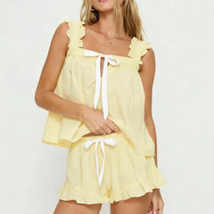 Bow Ruffle Trim Square Neck Shirt And Shorts Pajama Set
