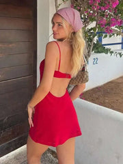 Red Spaghetti Strap Backless Mini Rhinestone Dress