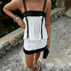 Lace Trim Square Neck Peplum Top And Mini Skirt Set