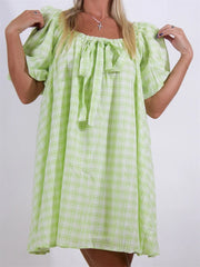 Plaid Bodydoll Puff Sleeve Mini Dress