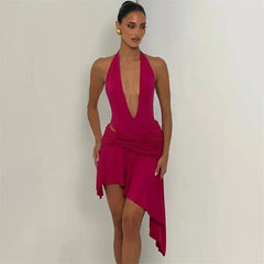 Deep V-Neck Halter Twisted Pleated Waist Irregular Hem Mini Dress