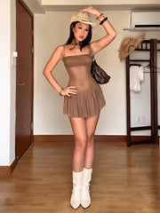 Mesh Patchwork Pleated Hem Mini Dress