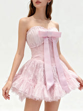 Bowknot Strapless Lace Tulle Mini Dress