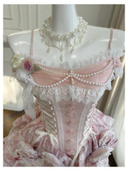 Pink Lace Up Strapless Bow Pearl Desgin Tiered Mini Dress