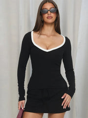 Ribbed Trim Long SLeeve Top
