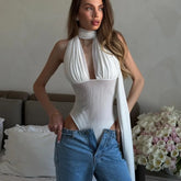 Scarf Halter Drape Mesh Bodysuit