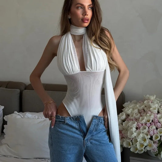 Scarf Halter Drape Mesh Bodysuit