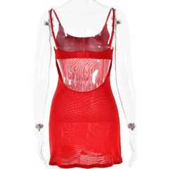 Red Spaghetti Strap Backless Mini Rhinestone Dress