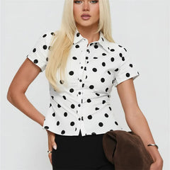 Polka Dot Short Sleeve Lapel Collar Front Button Top