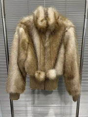 Brown Fur Fuzzy Zipper Short Jacket