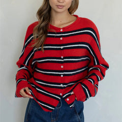 Striped Button Up Long Sleeve Crew Neck Sweater