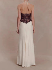 White Lace Black Patchwork Halter Maxi Dress
