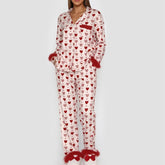 Satin Fur Trim Long Sleeve Printed Top And Pants Sleepwear Set