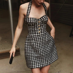 Black Plaid Tweed Halter Dress
