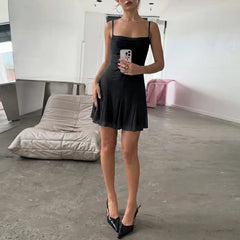 Mesh Frill Hem Spaghetti Strap Mini Dress