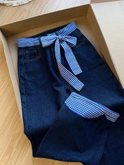 Blue Plaid Patchwork Wide Leg Denim Jeans