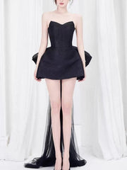 Black Strapless Large Back Bow Mesh Mini Dress