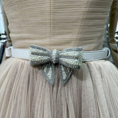 Beige Strapless Tulle Pom Pom Mini Dress