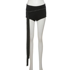 Asymmetrical Halter Slant Neck Studded Top And Low Waist Shorts with Rivets Belt Set