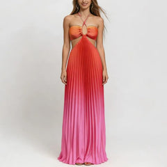 Gradient Pleated Halter Neck Cut Out Maxi Dress