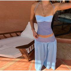 Stripe Patchwork Halter Top And Long Skirt Set