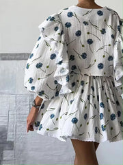 White Printed Ruffle Long Sleeve Shirt And Shorts Set