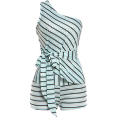 Striped One-Shoulder Tie Waist Tank Top And Shorts Set