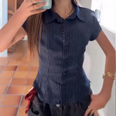 Striped Button Down Short Sleeve Collared Blouse