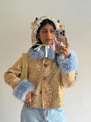 Deer Print Blue Faux Fur Cropped Jacket