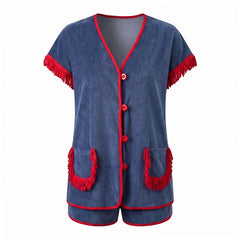 Button‑Down Short Sleeve Tassel Fringe Pocket Top And Shorts Loungewear Set