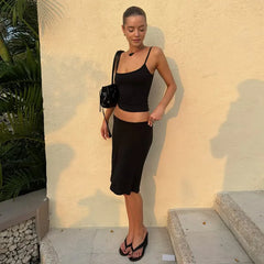 Black Cami Top And Midi Skirt Set