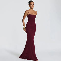 Solid Backless Lace-up Spaghetti Strap Maxi Dress