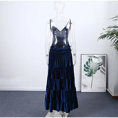 Blue Velvet Ruffles Backless Long Dress