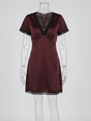 Satin Short Sleeve Bow Back V-Neck Mini Dress