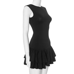 Solid O-Neck Layered Ruffled Hem Short Dress