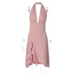 Pink Halter Ruffles Midi Dress