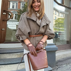 Checkered Button Double Breasted Long Sleeve Coat