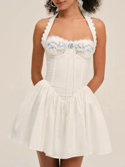 White Embroidery Halter Mini Dress