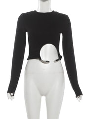 Black Metal Ring Irregular Hem Full Sleeve Top