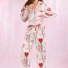 Heart Print Satin Long Sleeve Button Shirts And Pants Pajama Set