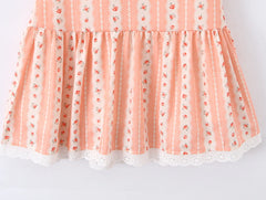 Orange Floral Stripes Print Lacing up Short Puff Sleeve Mini Dress