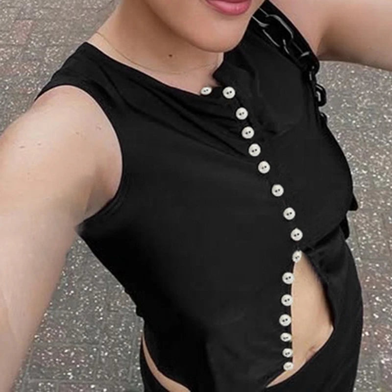 Women's button-up backless tank top in a solid color with a short length.