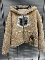 Gingham Teddy Hooded Patchwork Jacket