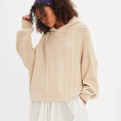 Beige Cabel Knit Hooded Top