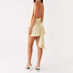 Yellow Choker Halter Cowl Neck Satin 3D Flower Mini Dress