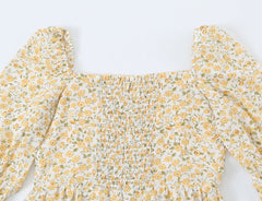 Yellow Floral Print Square Collar Smocked Long Sleeve Mini Dress