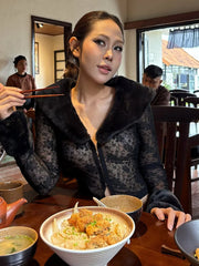 Black Jacquard Fur Trim Crop Top