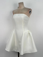 White Strapless Cape Mesh A-Line Folds Mini Dress